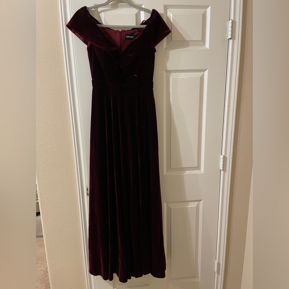 Xscape Deep Wine Velvet Maxi Dress with Portrait Neckline